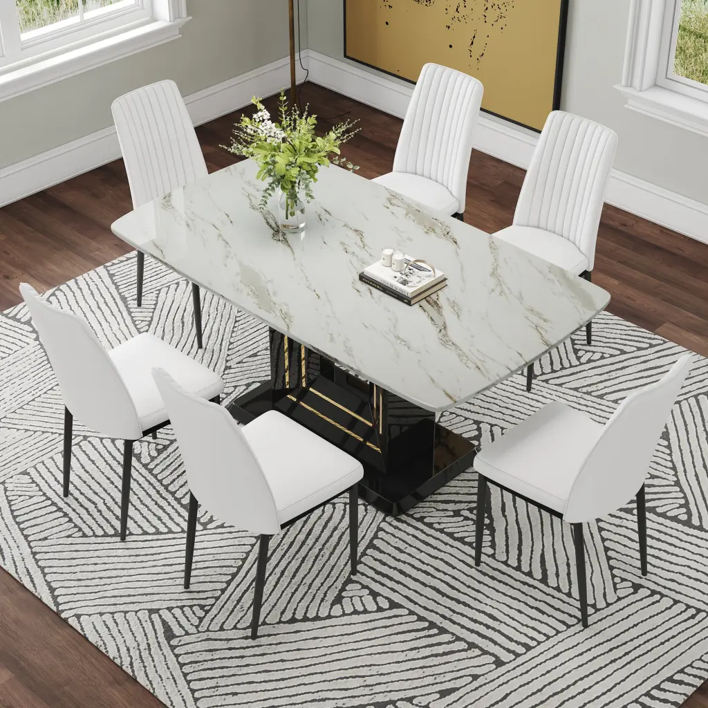 Modern 7 Piece Faux Stone Dining Table Set Kitchen Table 6-8 People a-q house
