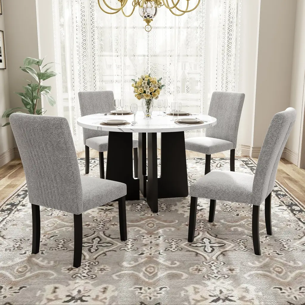 5 Piece Round Dining Table Set 43 Inch Modern Dining Table And 4 Upholstered Chairs a-q house