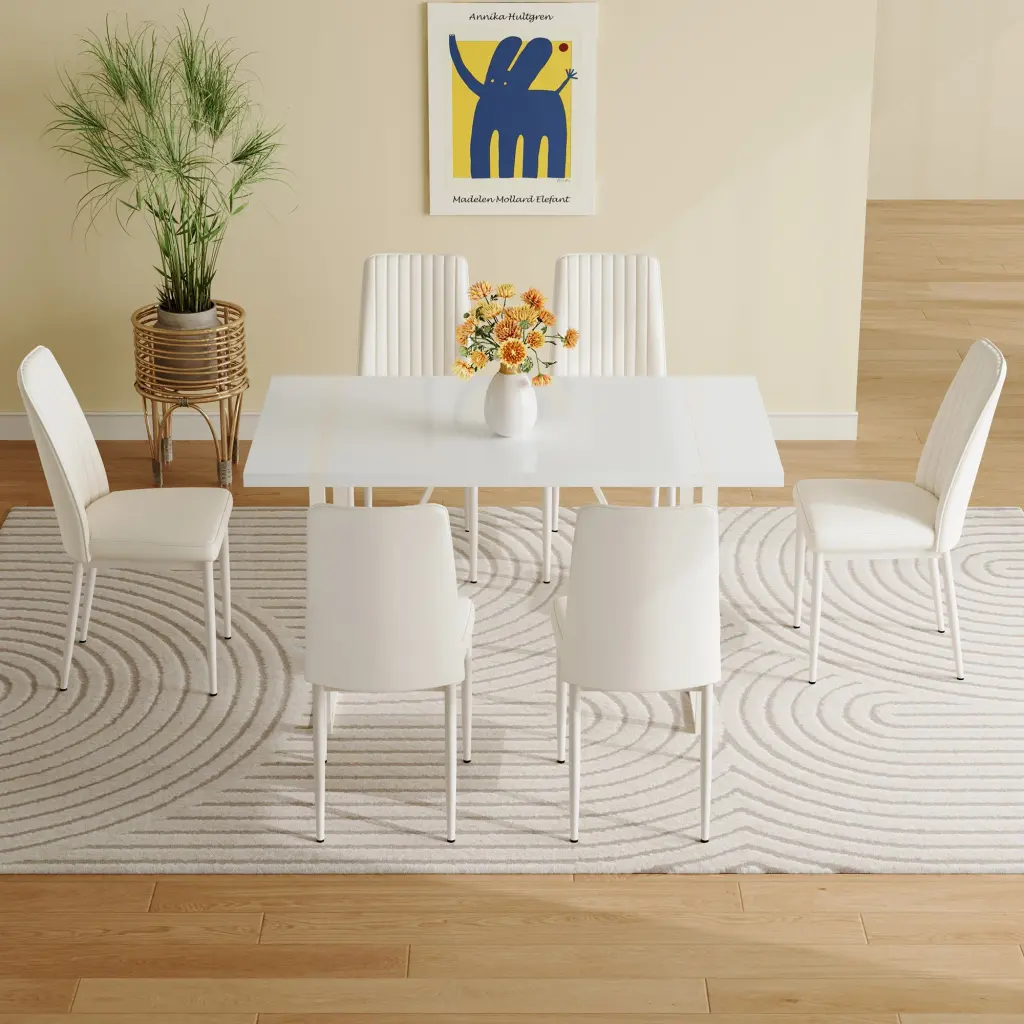 55x31.5 Inch Cream Style White MDF Dining Table Set 6 Armless Chairs droom w-1151