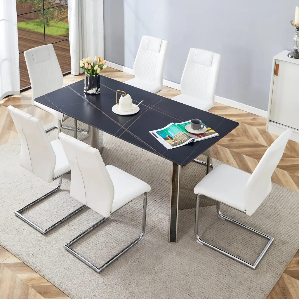 63x31.5x30 Inch Black Marble Patterned Tabletop Dining Table and Chair Set droom w-1151