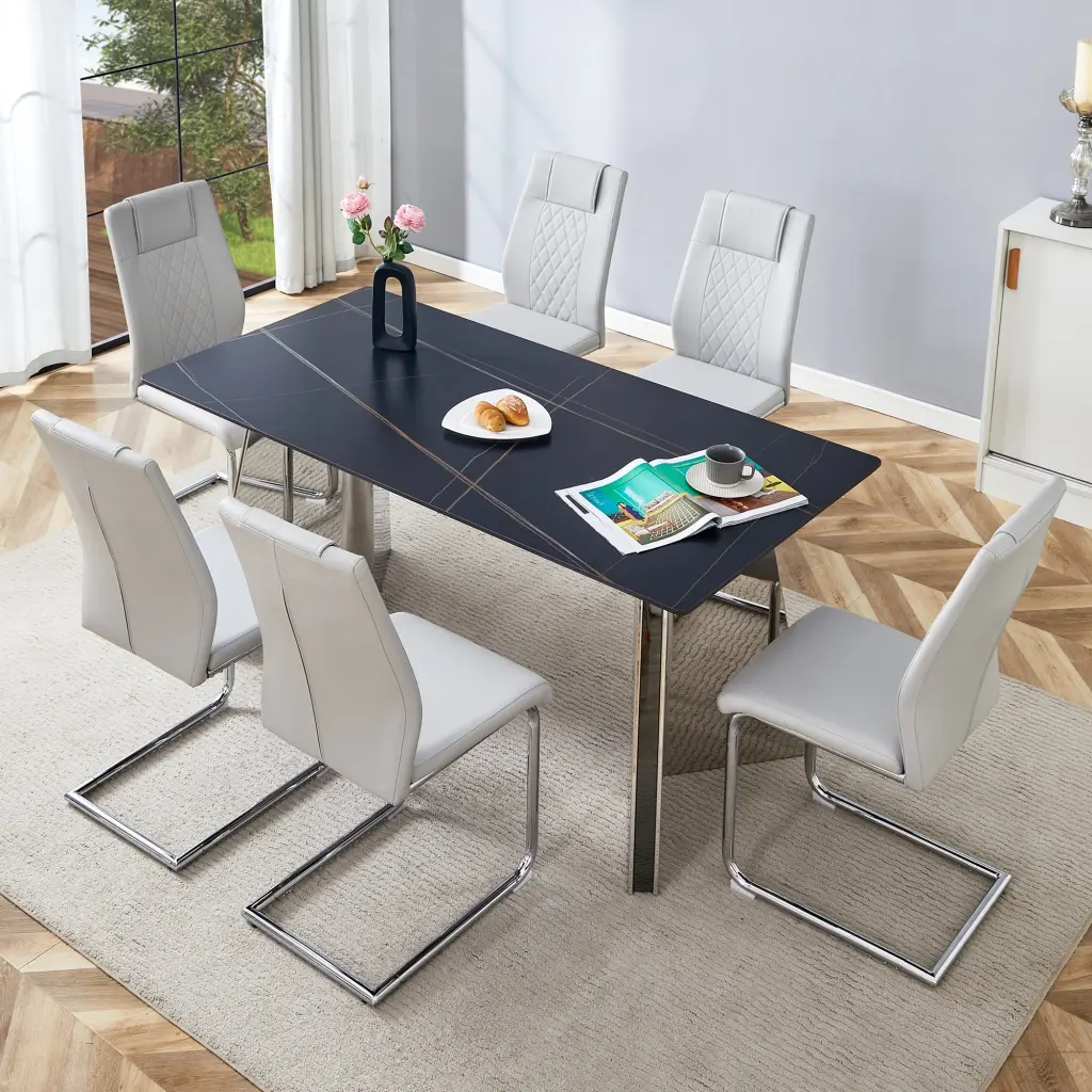 63x31.5x30 Inches Black Marble Patterned Table and Chair Set Dining Room droom w-1151