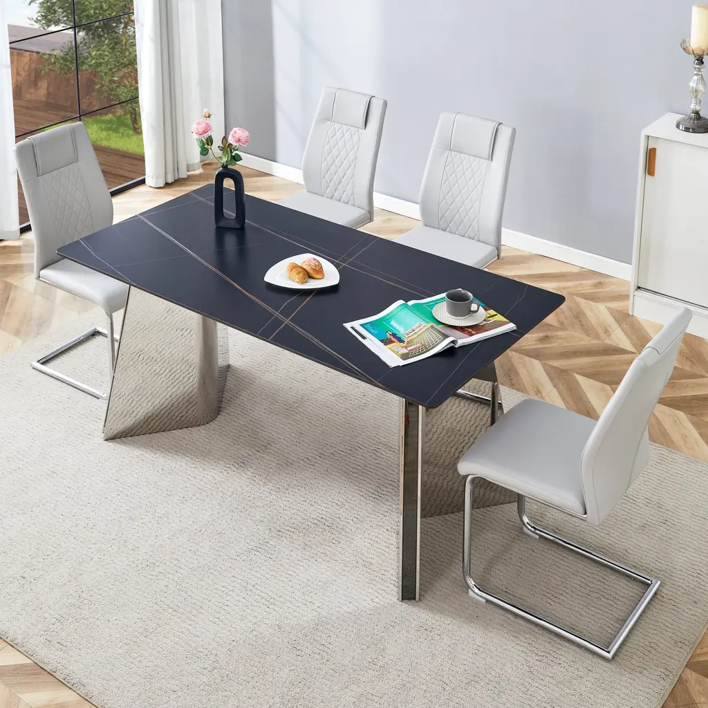 63x31.5x30 Inches Black Marble Patterned Table and Chair Set Modern Homes droom w-1151
