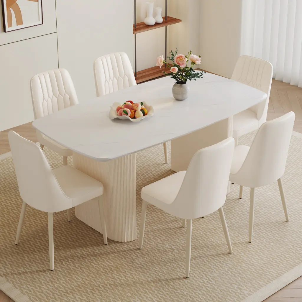 67x35.4 Inch Cream Style MDF White Dining Table Set Chairs droom w-1151