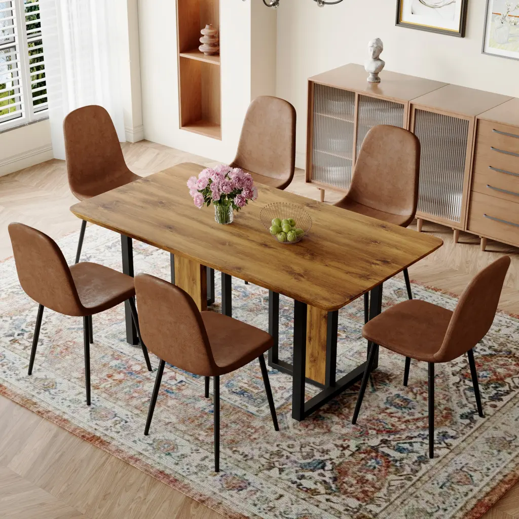 67x36 Inch Timber Textured MDF Dining Table Set 6 Chairs droom w-1151