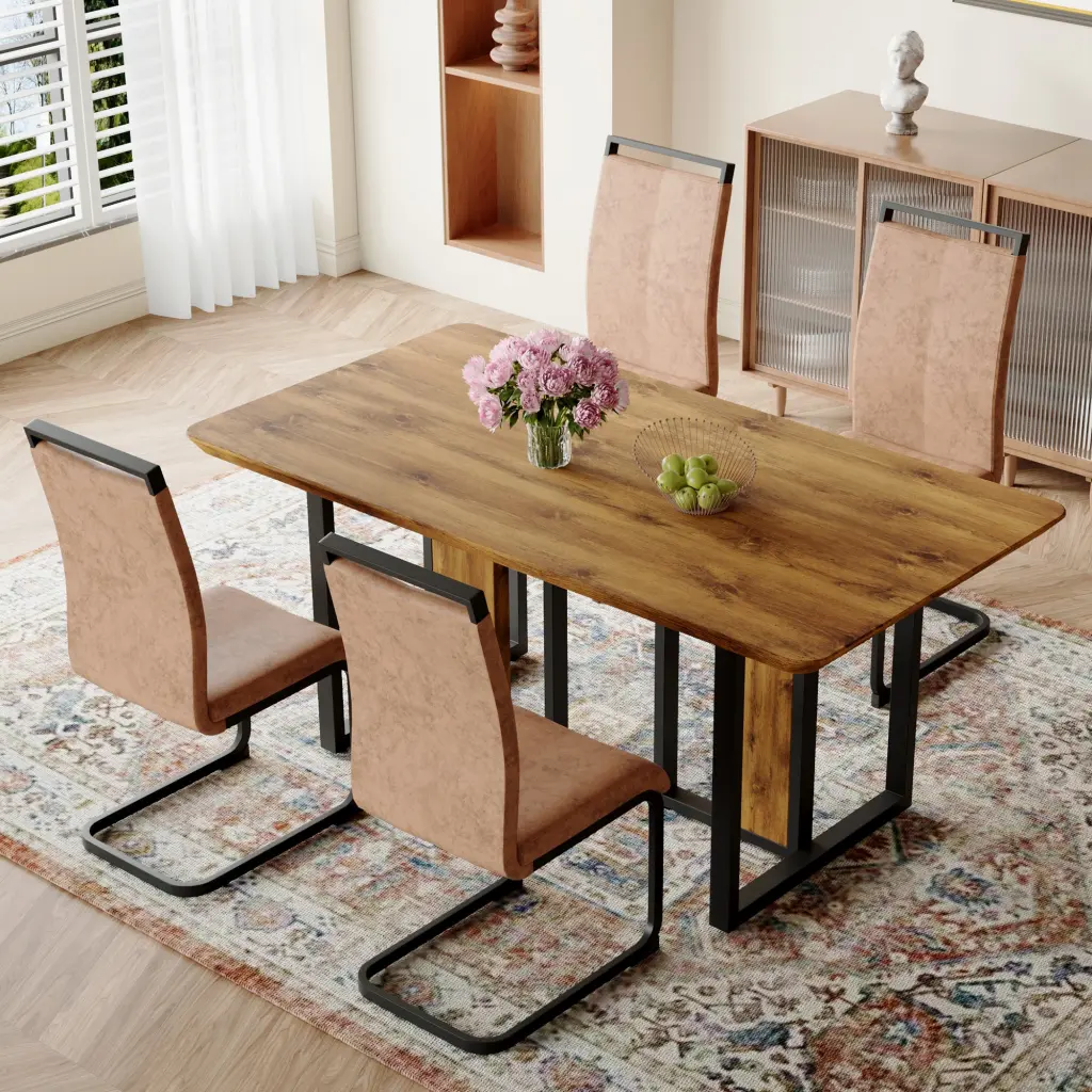 67x36 Inch Timber Textured MDF Dining Table Set 4 Chairs droom w-1151