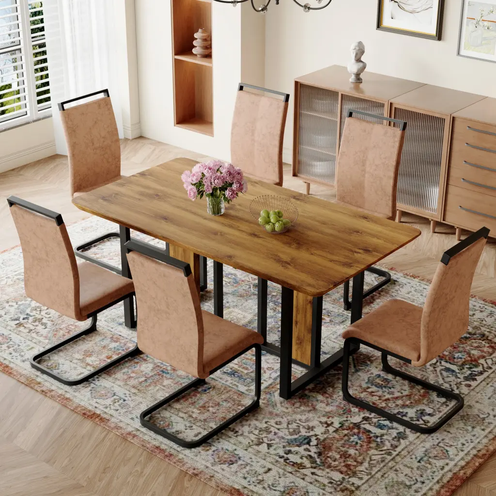 67x36 Inch Timber Textured MDF Dining Table Set 6 Chairs droom w-1151
