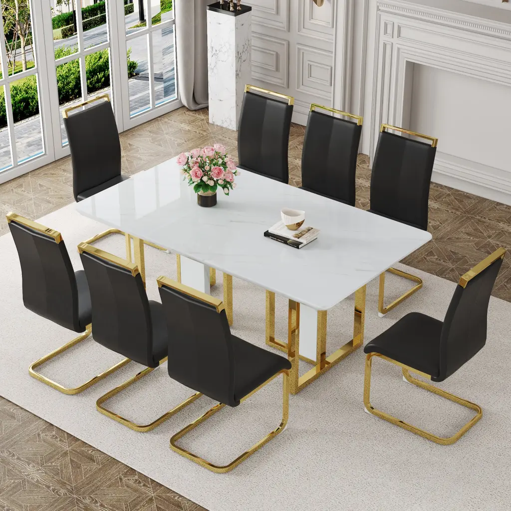 67x36 Inch White Marble Pattern MDF Dining Table Set Chairs droom w-1151