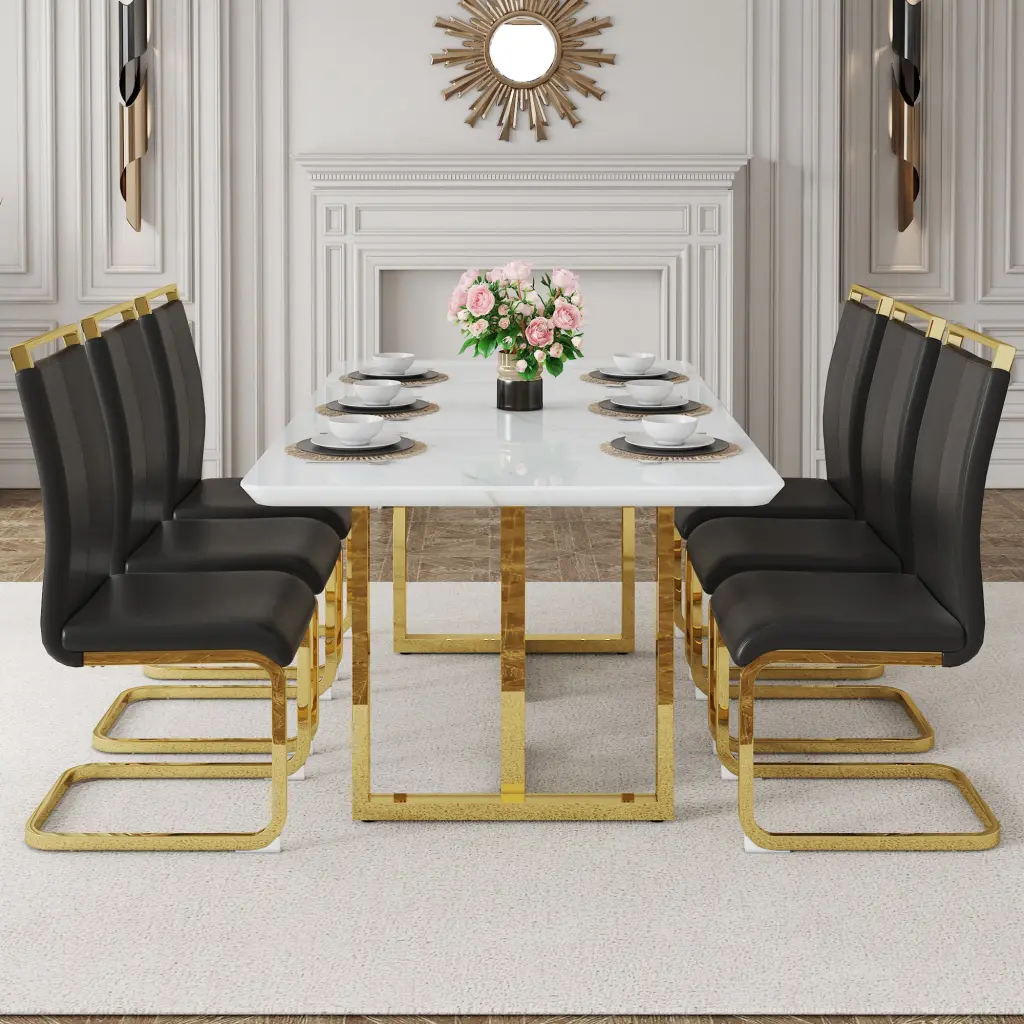 67x36 Inch White Marble Pattern MDF Dining Table and Chair Set Home droom w-1151