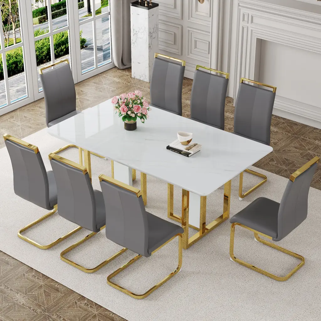 67x36 Inch White Stone Pattern MDF Dining Table and Chair Set droom w-1151