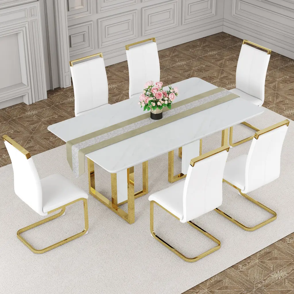 67x36 Inch White Stone Pattern MDF Dining Table and Chair Set droom w-1151