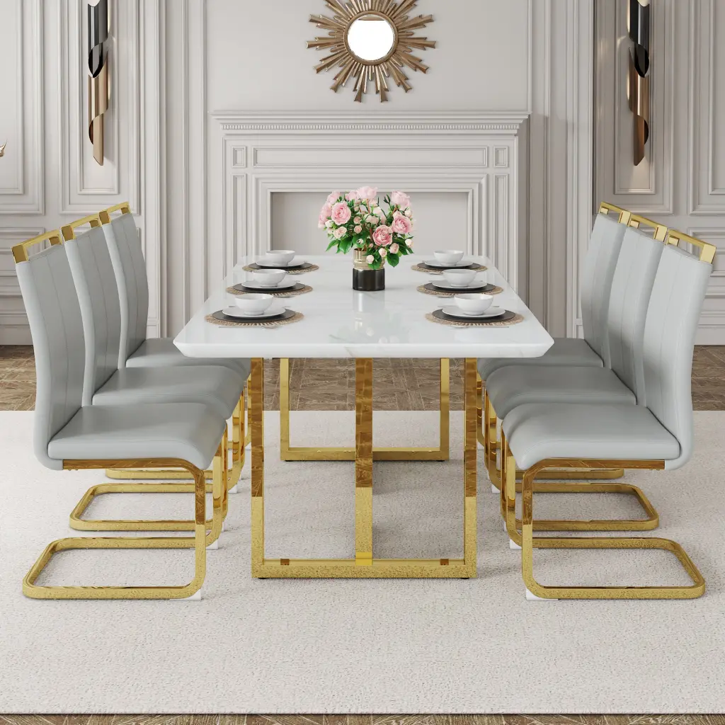 67x36 Inch White Stone Pattern MDF Dining Table and Chair Set droom w-1151