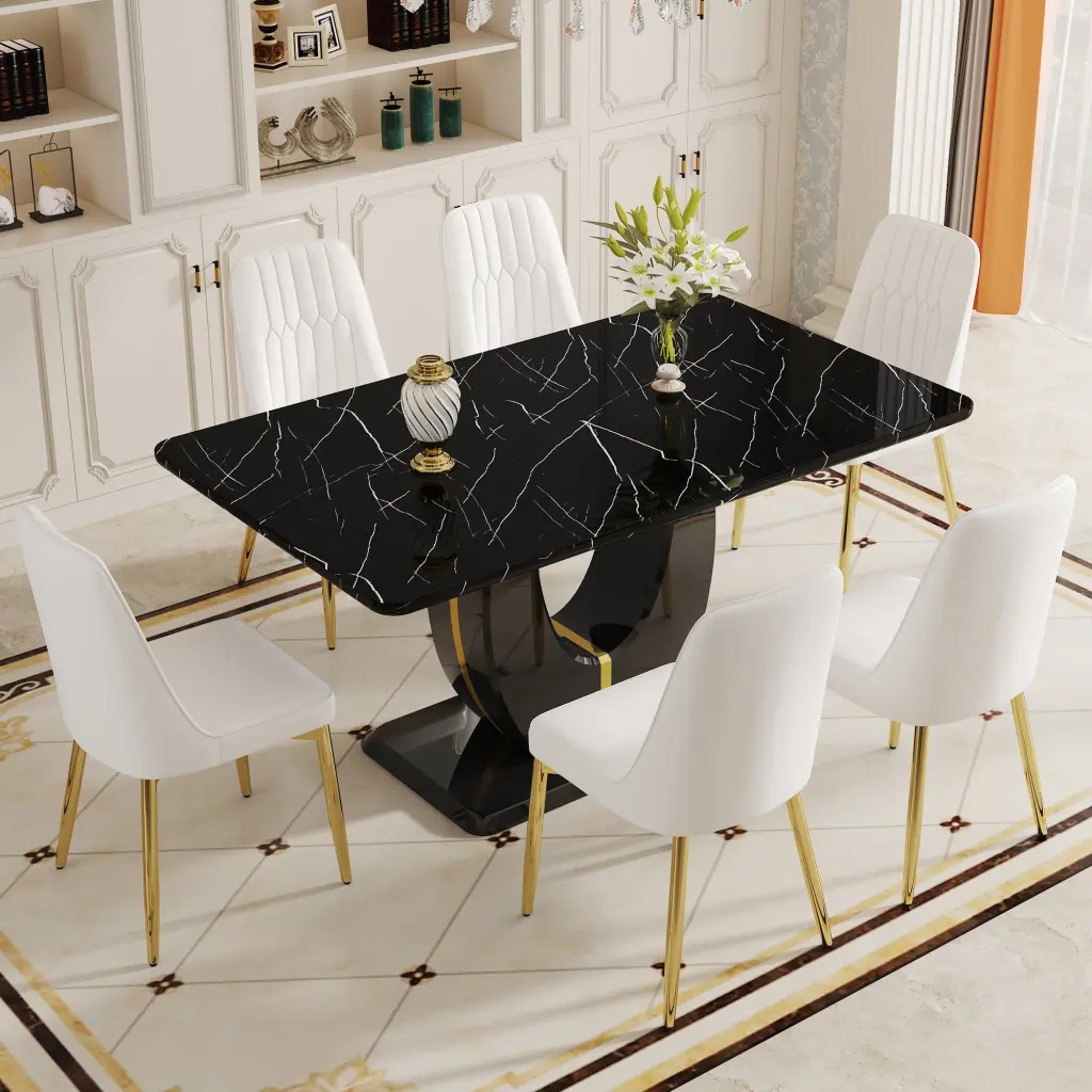 Black Stone MDF Dining Table and Chair Set 63"W x 37"D x 30"H droom w-1151