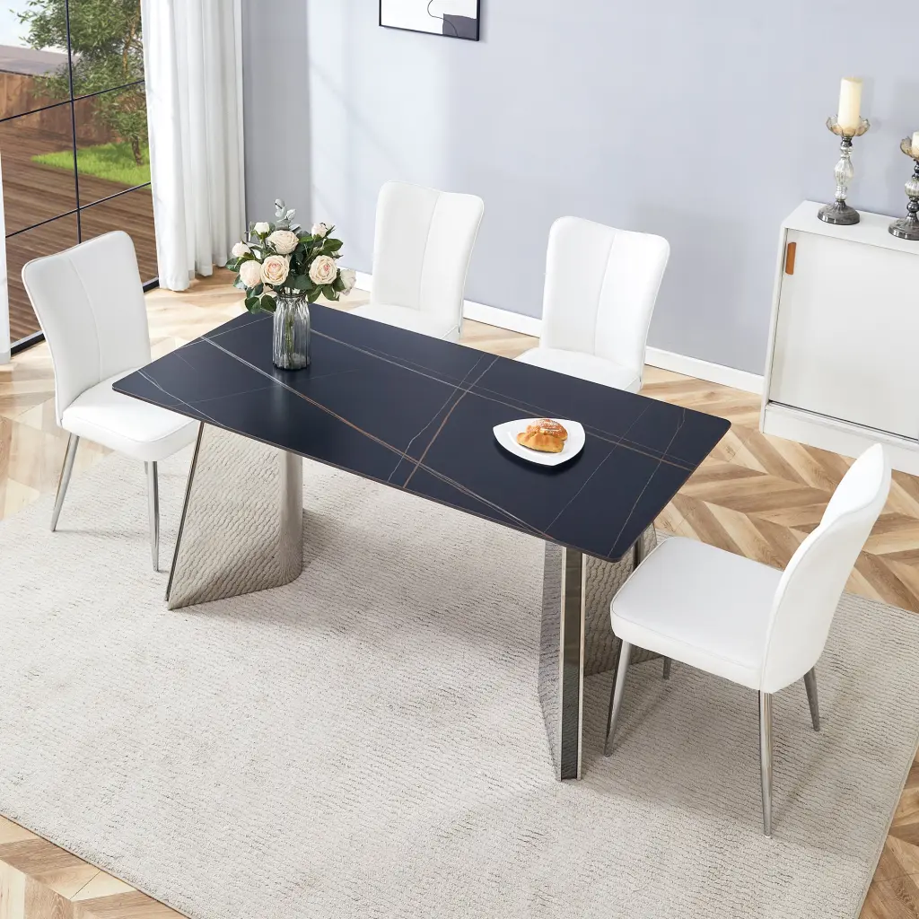 Black Stone Patterned Slabs Tabletop Set Chair 63x31.5x30 Inches droom w-1151