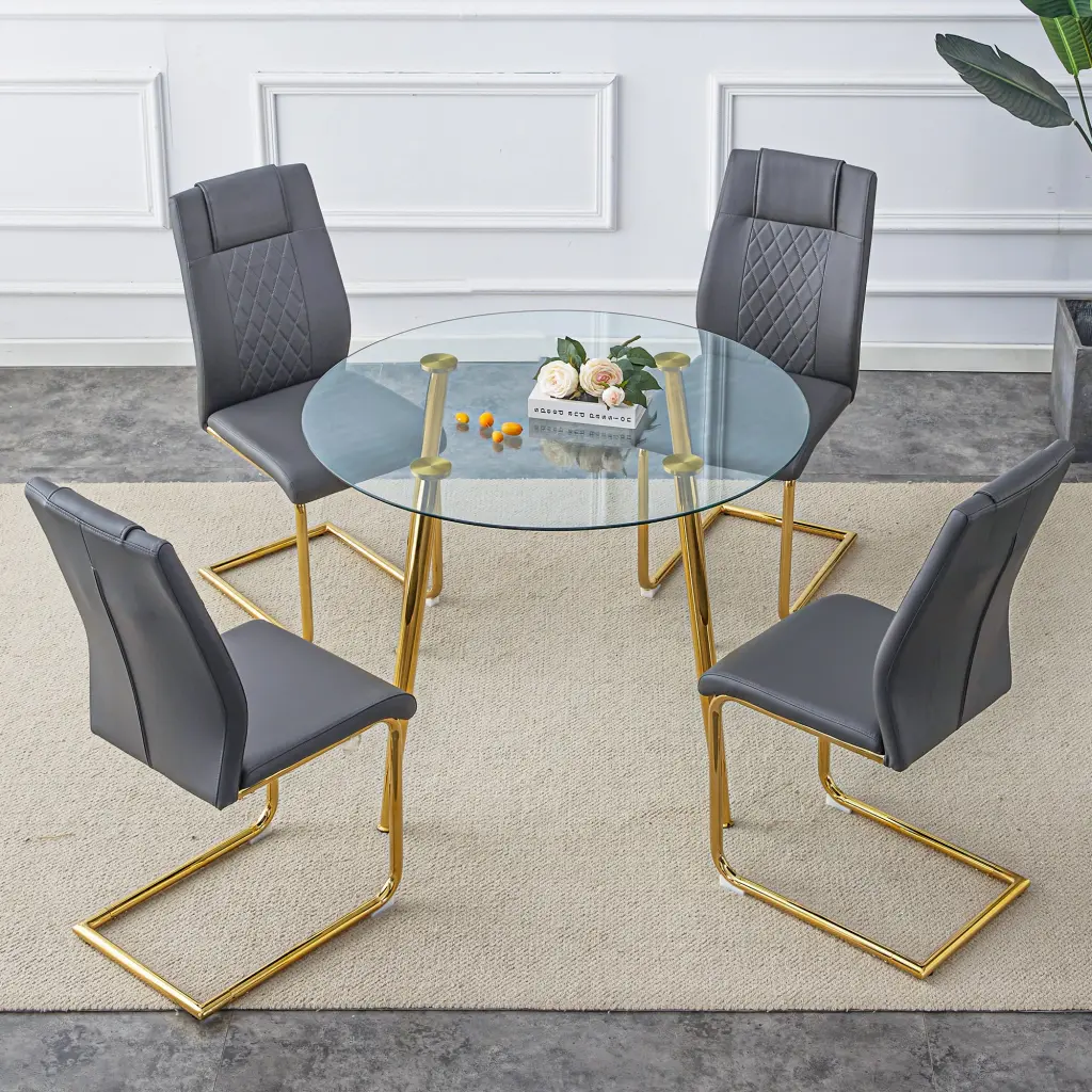 Circular Dining Table Set Crystal Tabletop Diamond Base droom w-1151