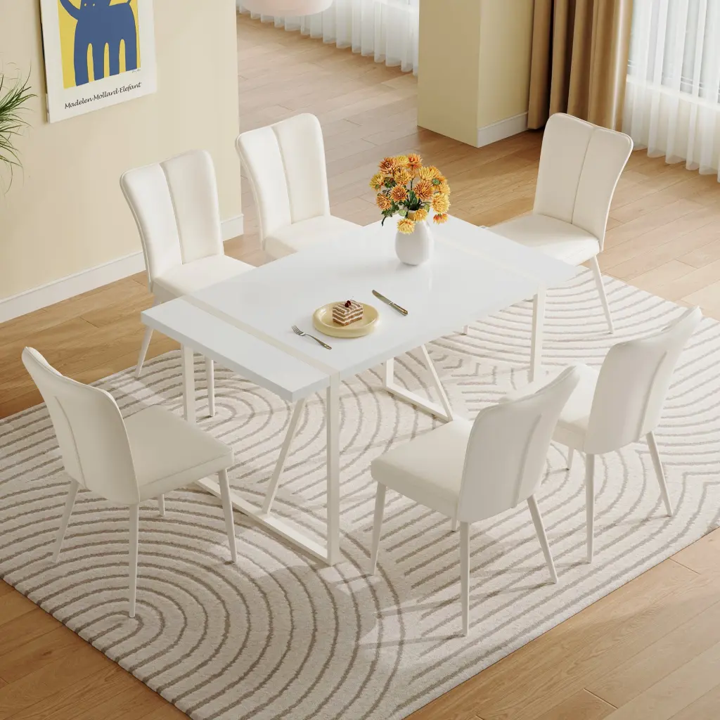 55 Inch Cream White MDF Dining Table Set 6 Armless Chairs droom w-1151