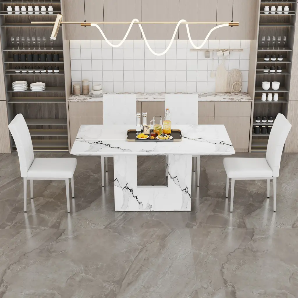 63 Inch White Stone Patterned MDF Dining Table And Chair Set droom w-1151
