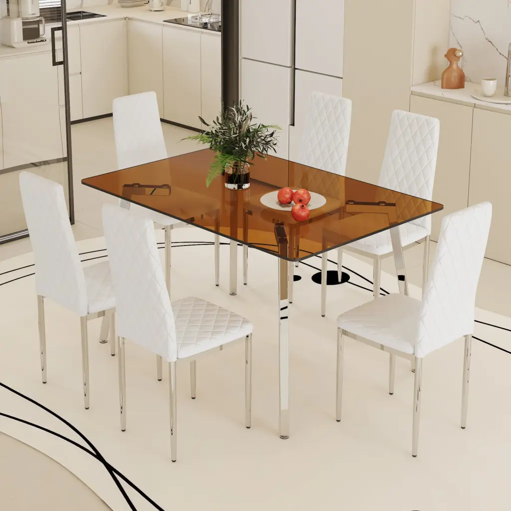 Large Modern Rectangular Table Brown Glass Top And Chair Set droom w-1151