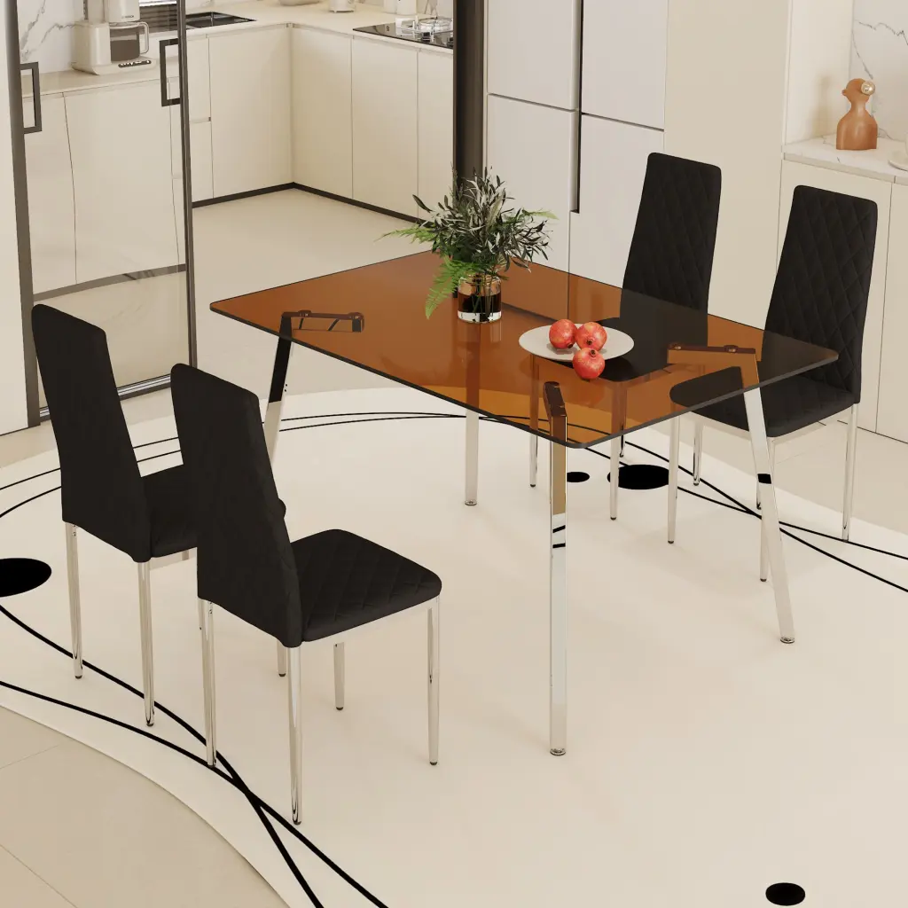 Large Modern Rectangular Table Brown Glass Top And Chair Set Dining Room droom w-1151