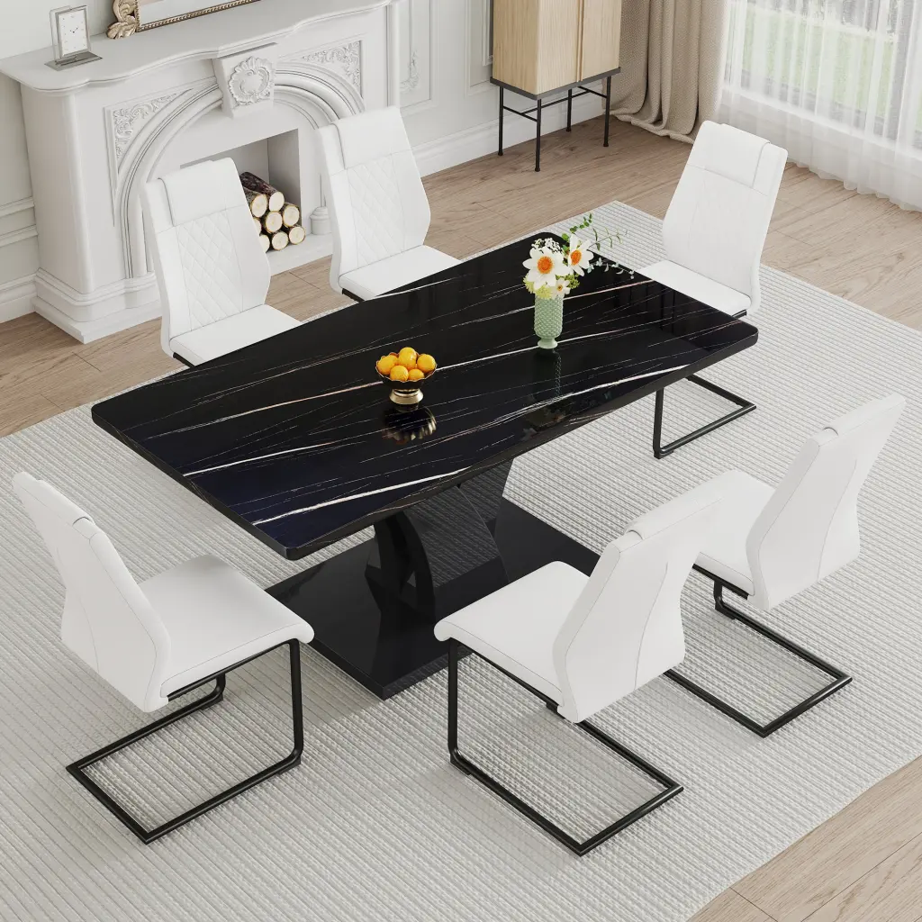 Modern Dining Table and Chair Set Black E-Reader Top and Black MDF Base droom w-1151