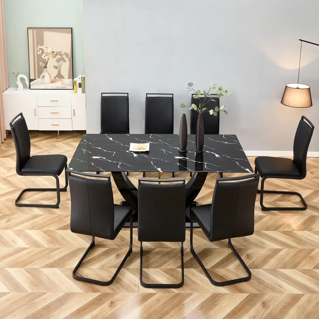 Modern Dining Table And Chair Set Patterned Table Top And Black Chairs droom w-1151