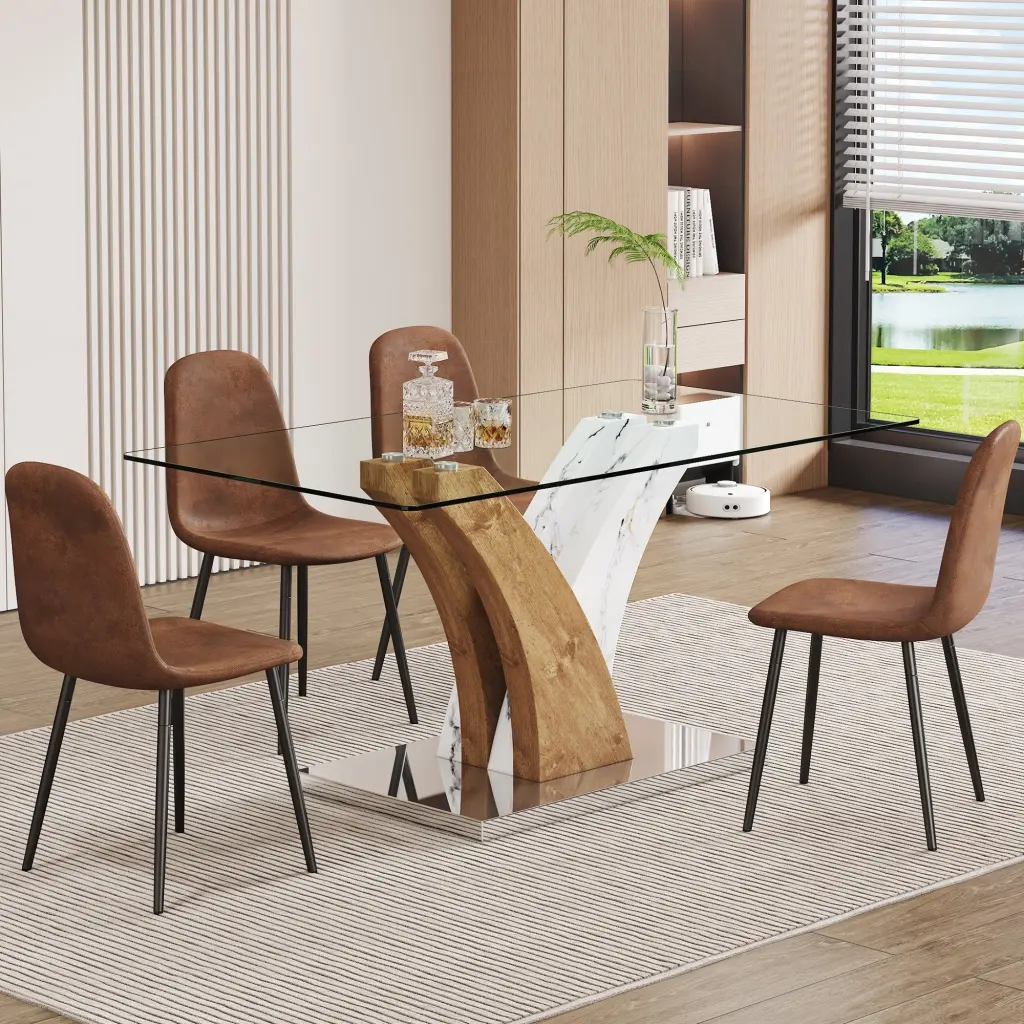 Modern Dining Table Tempered Crystal Countertop and Chair Set droom w-1151