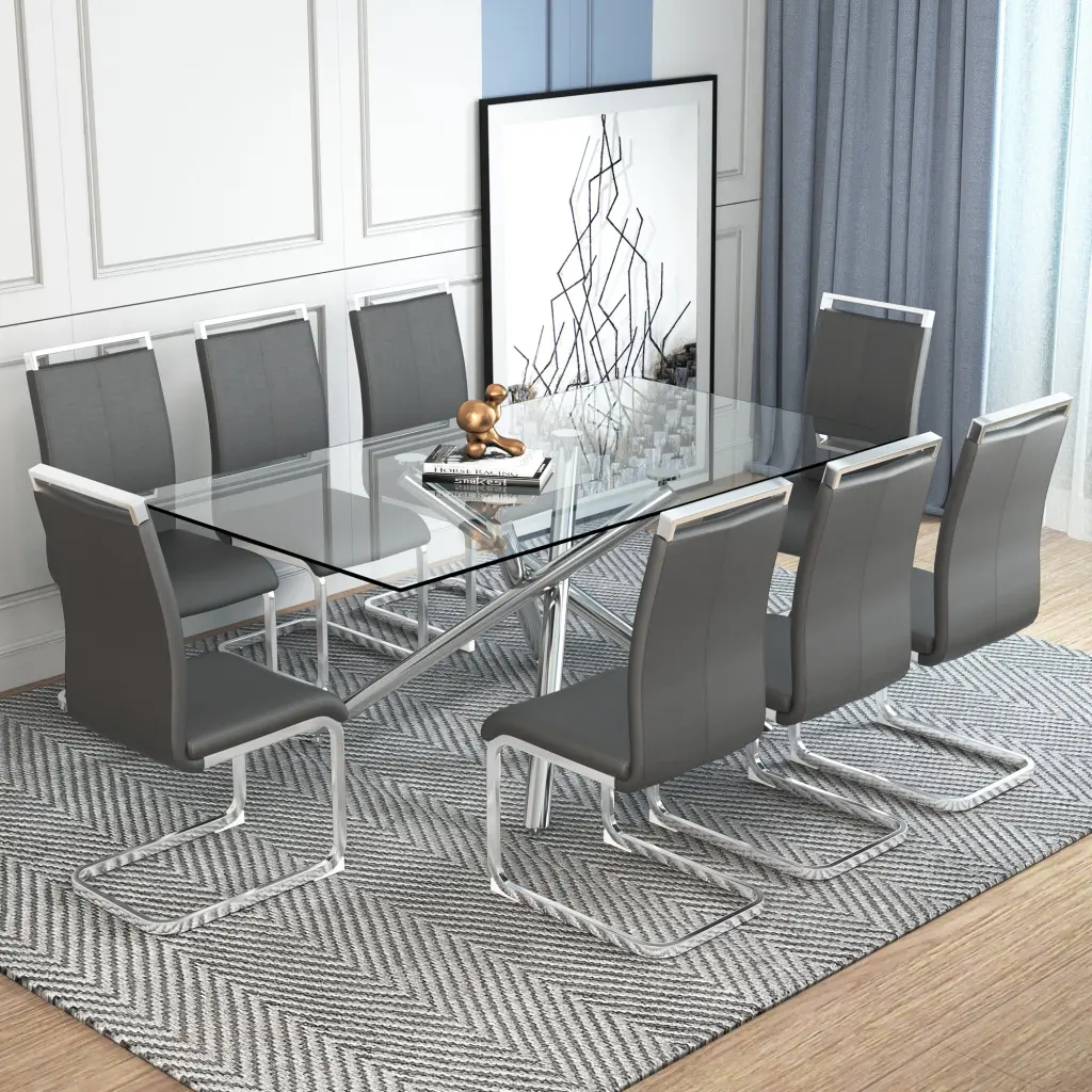 Modern Luxurious Transparent Tempered Crystal Dining Table and Chair Set droom w-1151