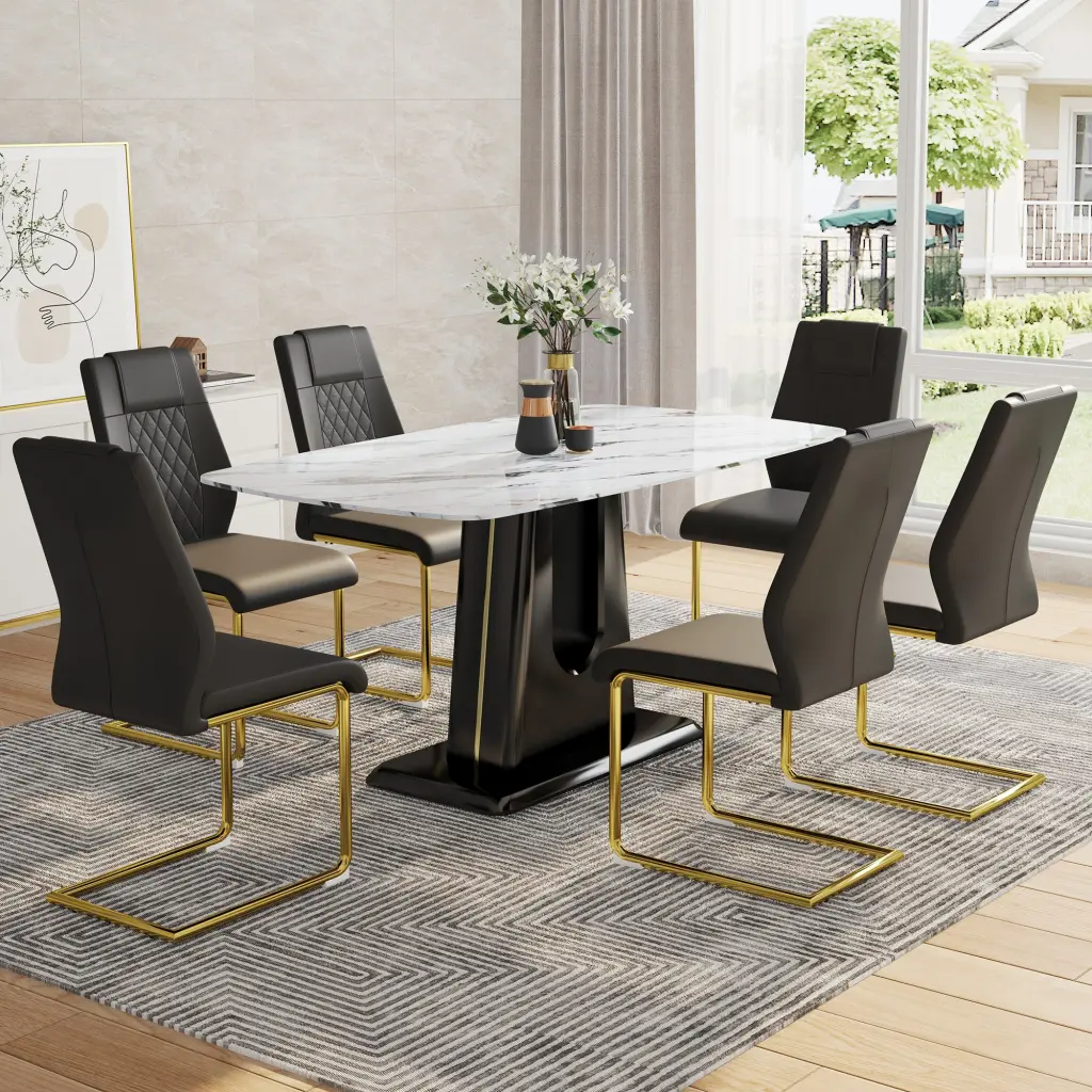 Modern Minimalist Dining Table and Chair Set Imitation Marble Top droom w-1151