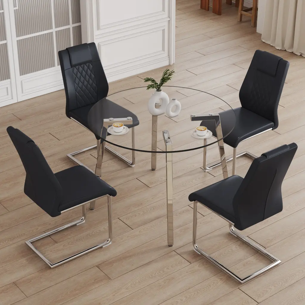 Modern Minimalist Round Clear Tempered Glass Table and Chair Set droom w-1151