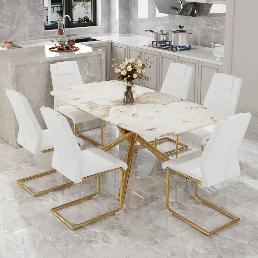 Modern Opulent Tempered Glass Dining Table Set Chairs droom w-1151
