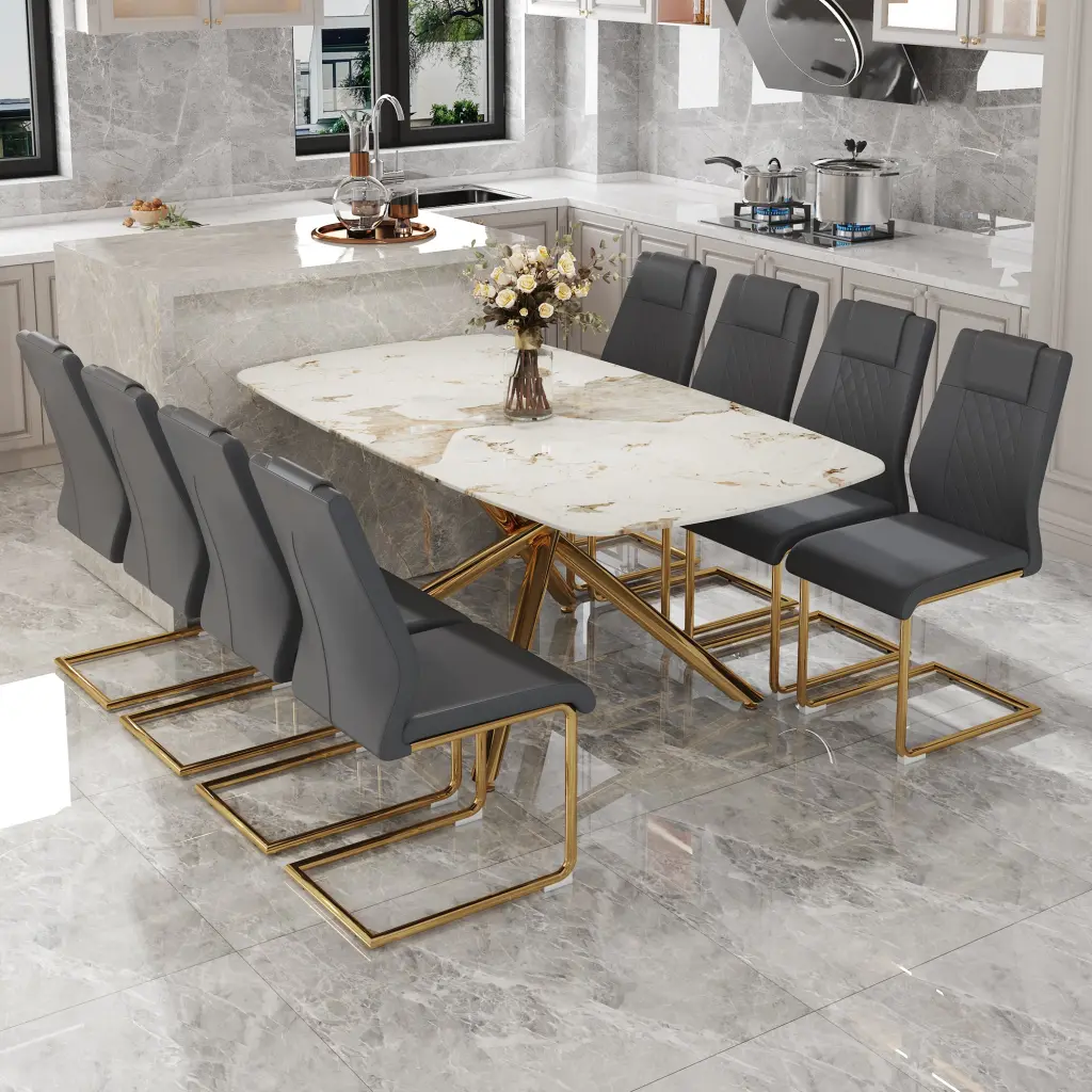 Modern Opulent Tempered Glass Dining Table Set Chairs droom w-1151