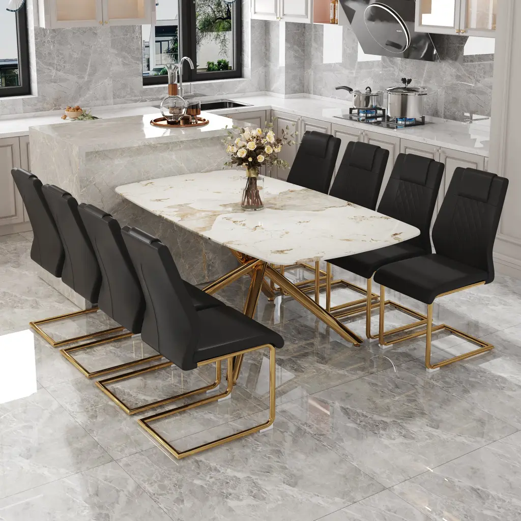 Modern Opulent Tempered Glass Dining Table Set Chairs droom w-1151