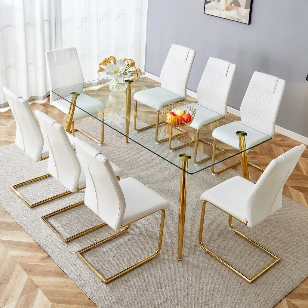 Modern Rectangular Crystal Dining Table Tempered Glass Top And Chair Set droom w-1151