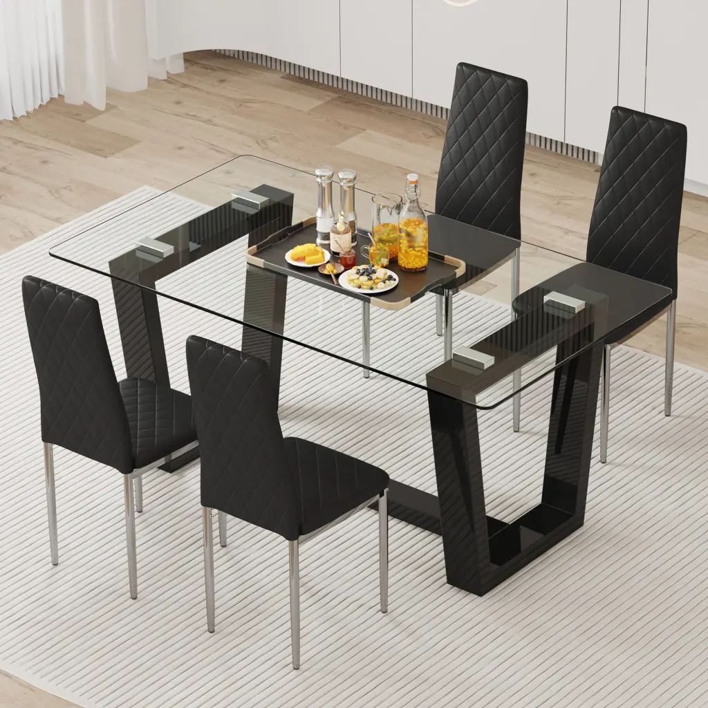 Rectangular Dining Table and Chair Set Tempered Glass Top droom w-1151