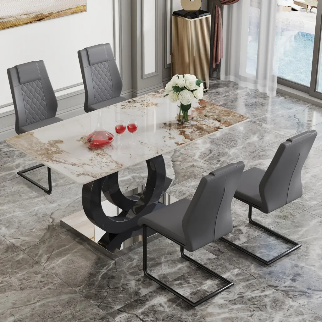 Stone Pattern Sintered Marble Dining Table and Chair Set 63"x31.5" droom w-1151