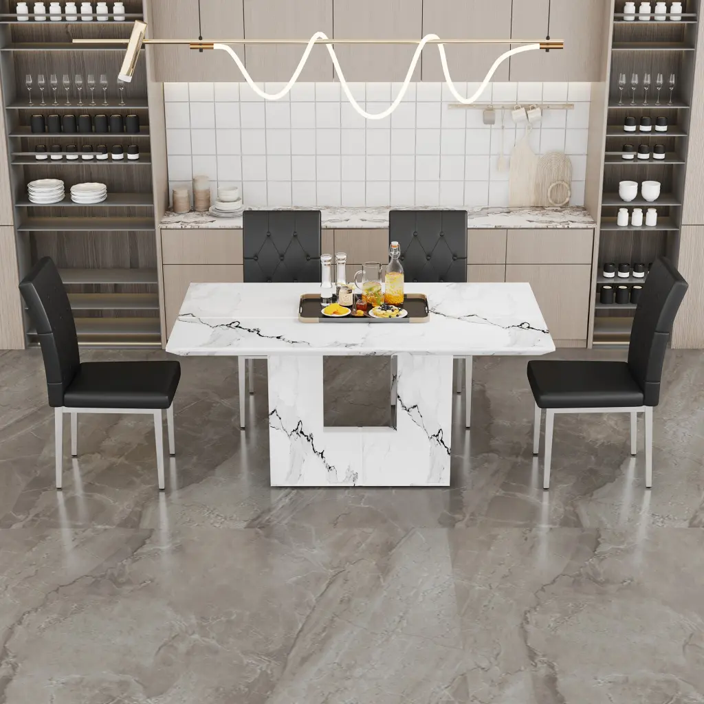 Table and Chair Set 63 X 35.4 Inch White Marble Patterned MDF Dining Table 4 Chairs droom w-1151