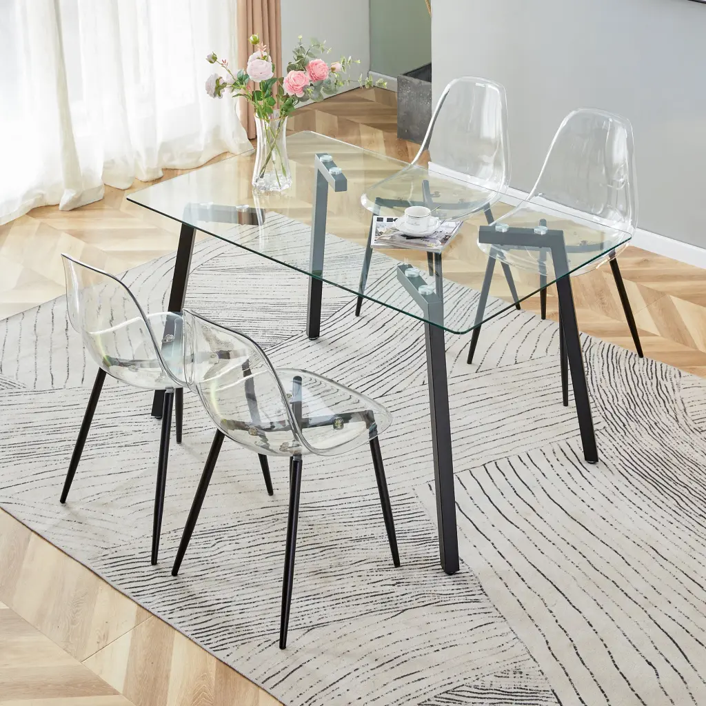 Transparent Glass Table and Chair Set - Black Metal Frame Modern Decor droom w-1151