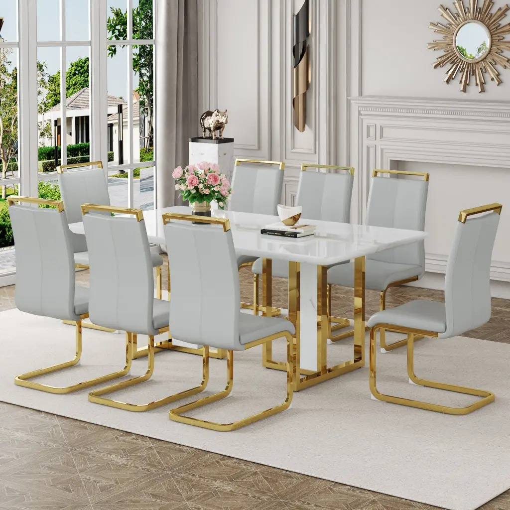 White Stone Pattern MDF Dining Table and Chair Set 67"x36" droom w-1151