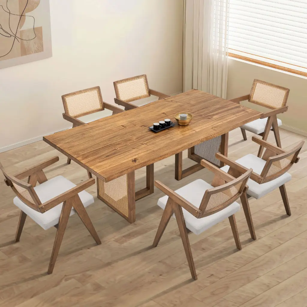 86.61 Inch Oversize Rectangular Waves Dining Table Set 7 Pcs Wooden justone