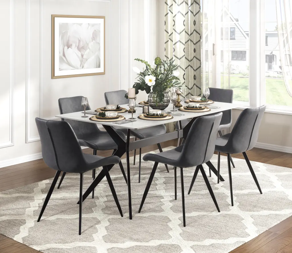 Modern 7 Piece Dining Table Set 6 Gray Upholstered Chairs Sintered Stone Top kanepe