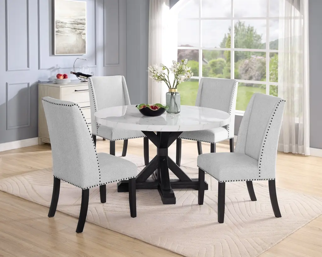 5 Piece Contemporary Style White Faux Marble Round Dining Table Set Chairs kanepe