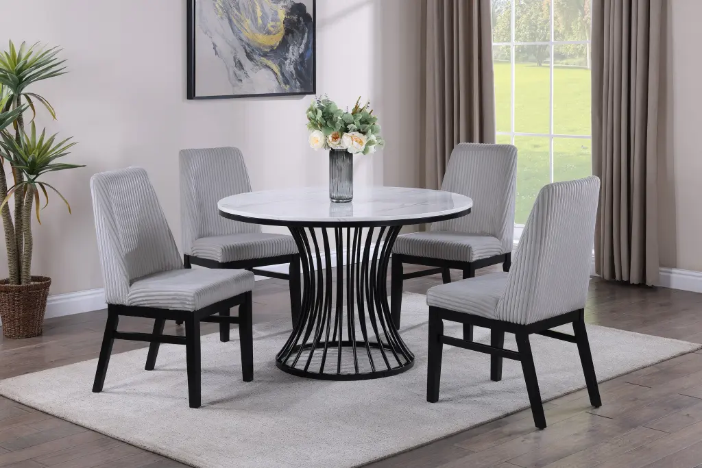 5 Piece Dining Set Contemporary Modern Style White Faux Marble Round Table kanepe