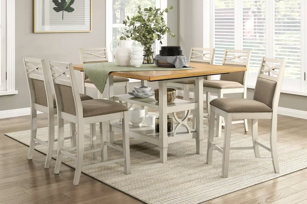 7 Piece Dining Set Counter Height Table 2 Shelves and 6 Upholstered Chairs kanepe