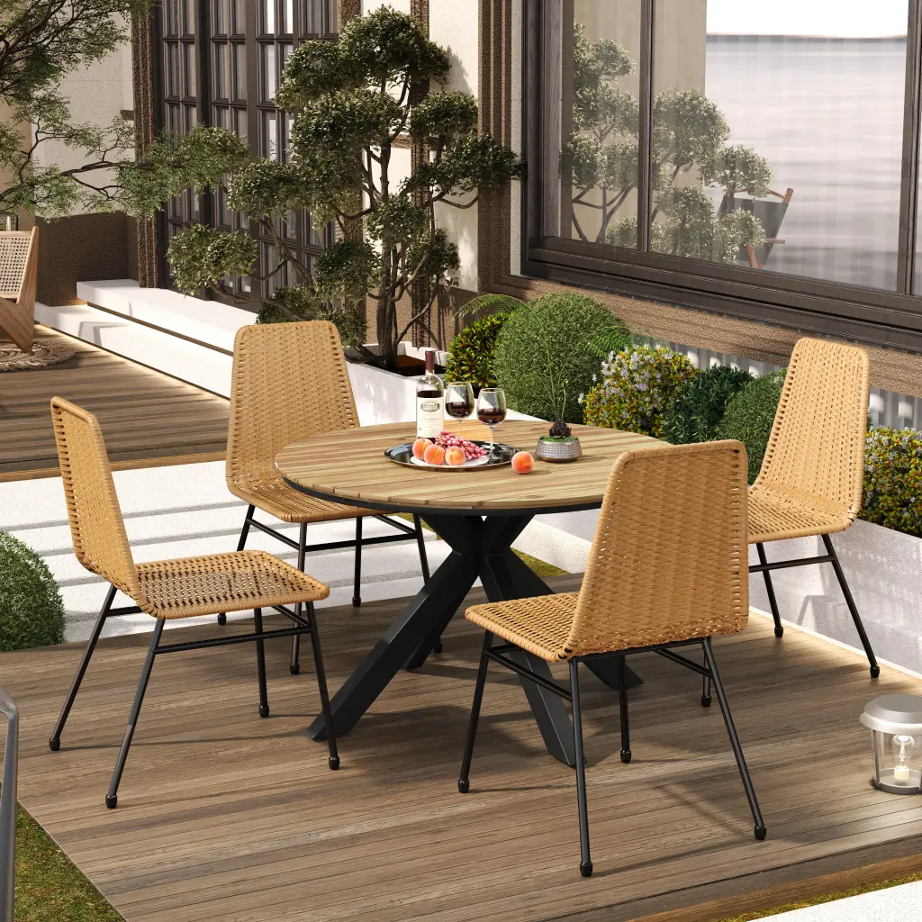 Light Brown PE Rattan and Iron Dining Table and Chairs Set nh-perfect home