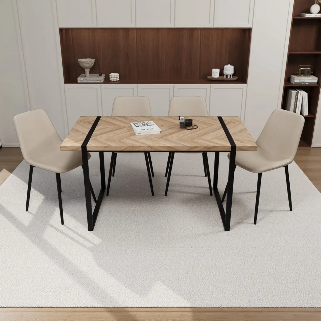 59 Inch MDF Light Timber Dining Table And Modern Chair 4 Piece Set nuoli furniture