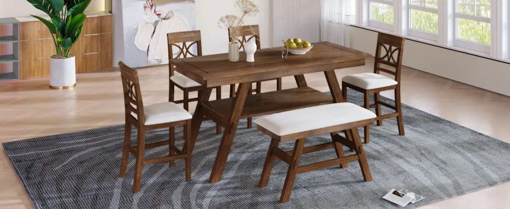 6 Piece Wood Counter Height Dining Table Set Storage Shelf Kitchen Furniture topmax