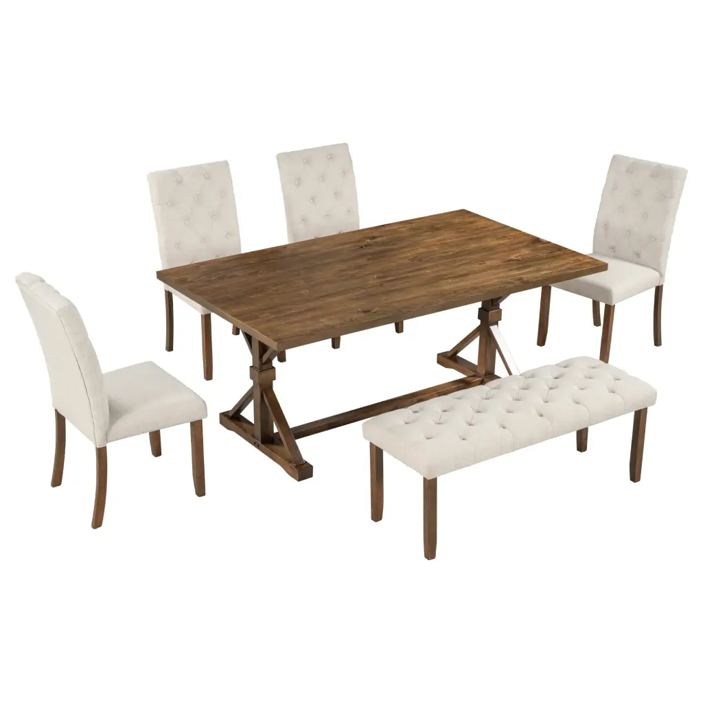 6 Piece Farmhouse Dining Table Set 72 Inch Timber Rectangular Table 4 Upholstered Chairs trexm