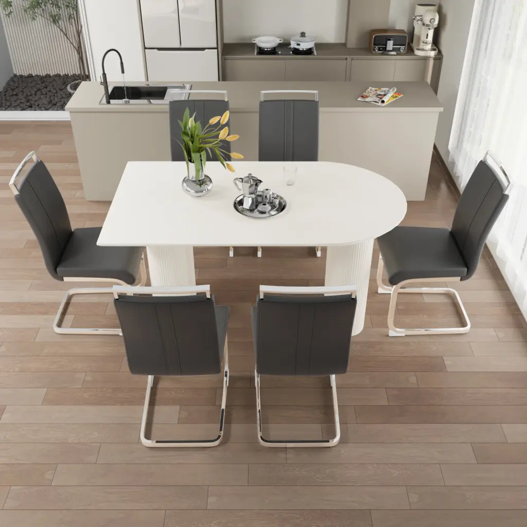 63 Inch Medieval Modern Cream MDF Dining Table PU Armless Chairs nuoli furniture