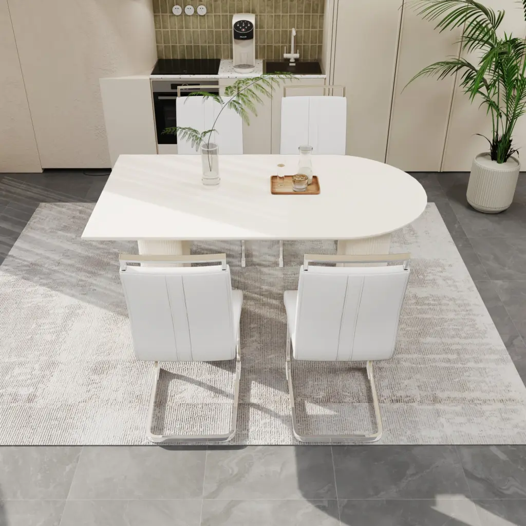 63 Inch Medieval Modern Cream MDF Dining Table PU Armless Chairs nuoli furniture