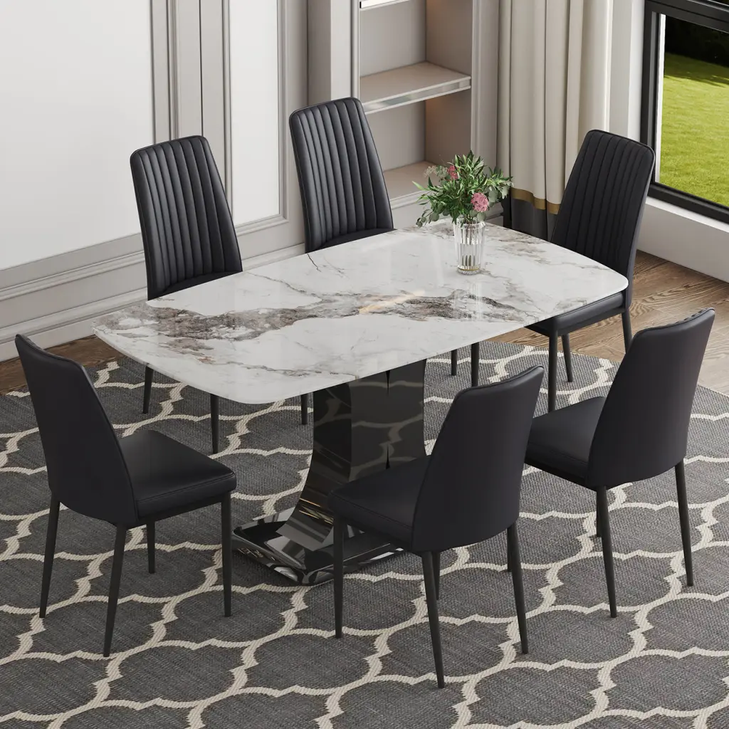 Faux Marble Dining Table Set Convertible Base, Premium Design a-q house