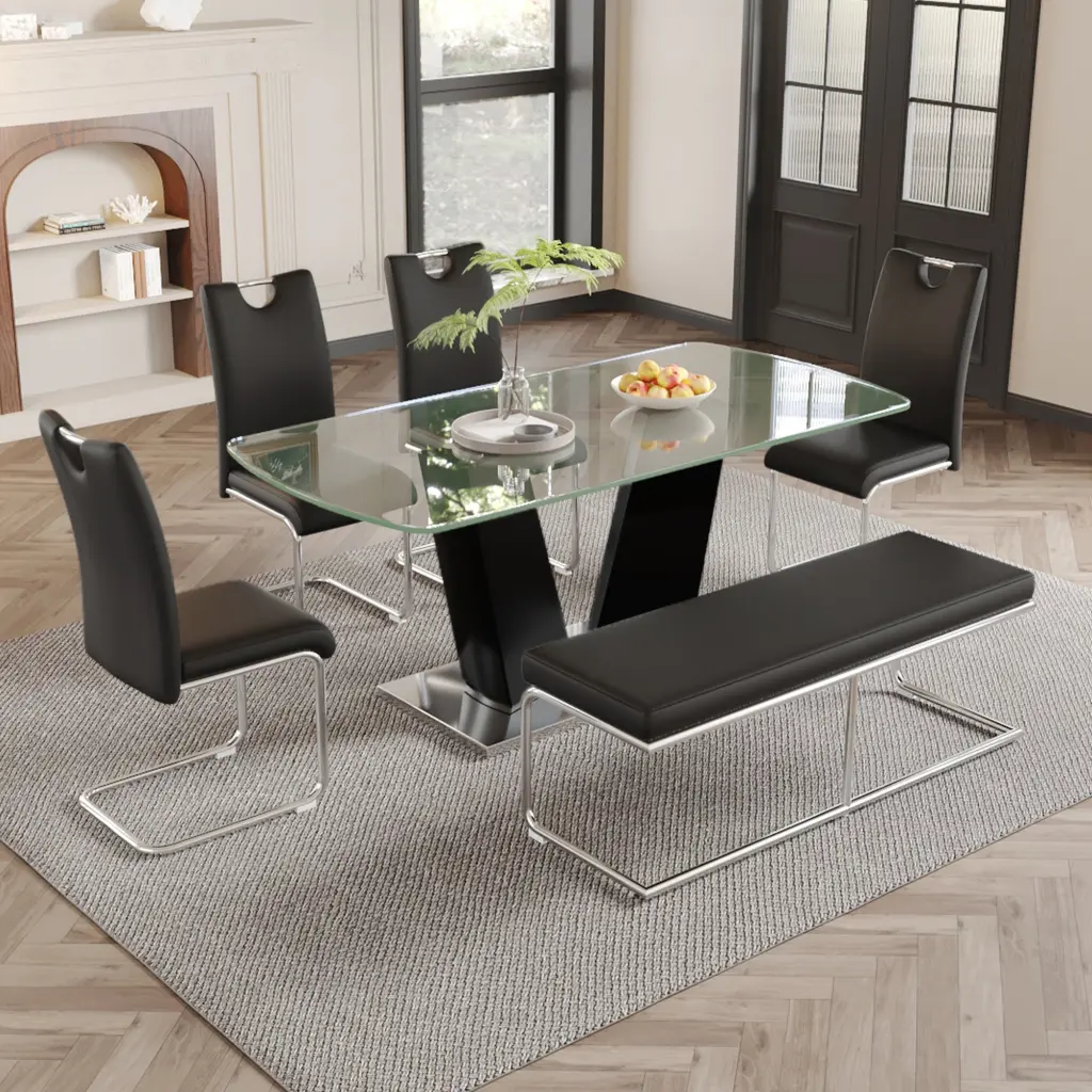 63 Inch Modern Dining Table Glass Top and V-Shaped Base a-q house